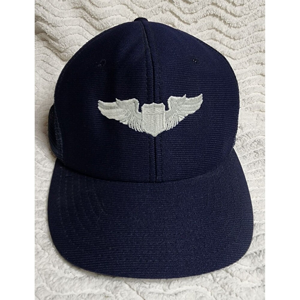 Vintage DE LONG Air Force PILOT WINGS Black Cap AVIATOR Snapback Embroid HAT EuC